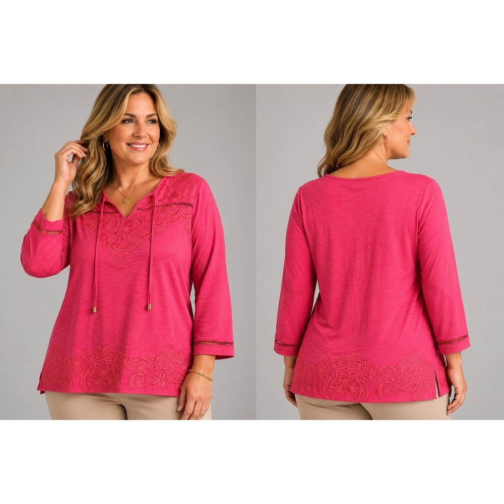 Rafaella Women's Pink Embroidered Knit Top Size Medium 3/4 Sleeve V-Neck